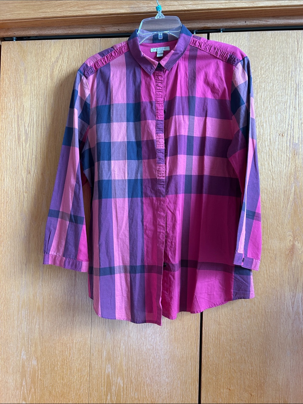 Burberry Pink and Black Plaid Button-Down Shirt